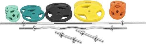 GORILLA SPORTS-Set en caoutchouc grip avec barre longue de 170cm, barre curl de 120cm et deux barres courtes de 35cm avec bague de serrage (105,5kg total)-1