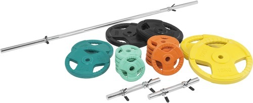 GORILLA SPORTS-Set en caoutchouc grip avec barre longue de 170cm et deux barres courtes de 35cm avec stop disques (97,5kg total)-1