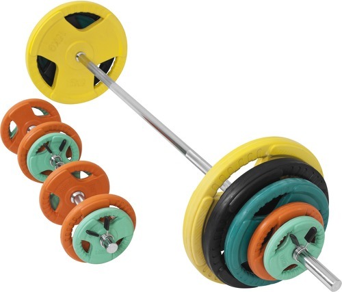 GORILLA SPORTS-Set en caoutchouc grip avec barre longue de 170cm et deux barres courtes de 35cm avec stop disques (97,5kg total)-4