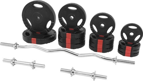 GORILLA SPORTS-Set d'haltères 70 Kg (disques plastique à poignées + barre Curl)-1