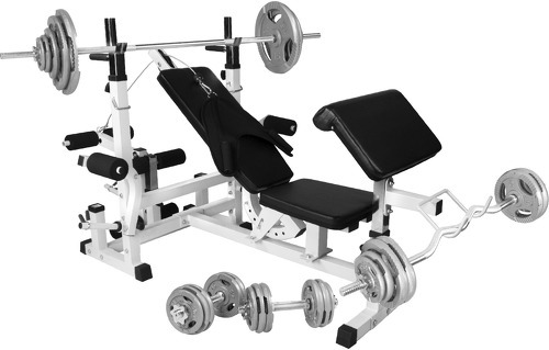 GORILLA SPORTS-Banc de musculation universel avec support pour haltères et set d'haltères de 105,5kg en fonte avec poignées-0