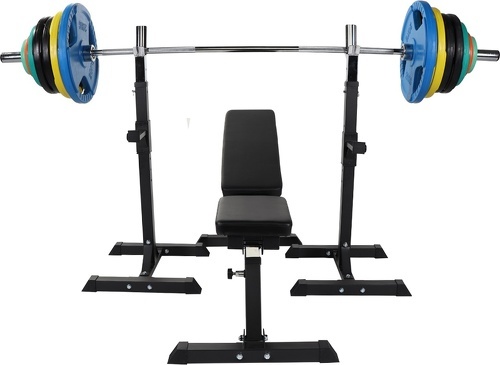 GORILLA SPORTS-Banc multipositions avec support pour haltères longs et set d'haltère olympique de 150 kg-1