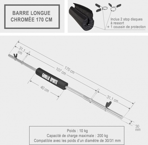 GORILLA SPORTS-Barre longue de 170cm avec stop disques, diamètre 30mm avec coussin de protection-4