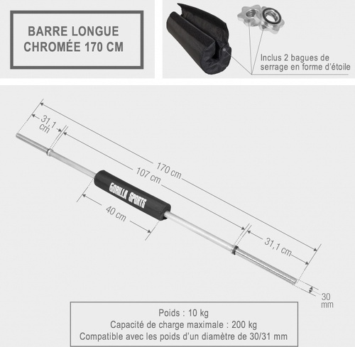 GORILLA SPORTS-Barre longue de 170cm avec bague de serrage, diamètre 30mm avec coussin de protection-4