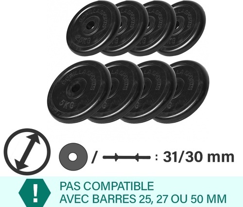 GORILLA SPORTS-Lot des poids en caoutchouc de 30kg (4x5kg et 4x2,5kg) de diamètre 31mm-1