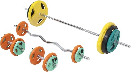 GORILLA SPORTS-Set en caoutchouc grip avec barre longue de 170cm, barre curl de 120cm et deux barres courtes de 35cm avec stop disques (105,5kg total)-4