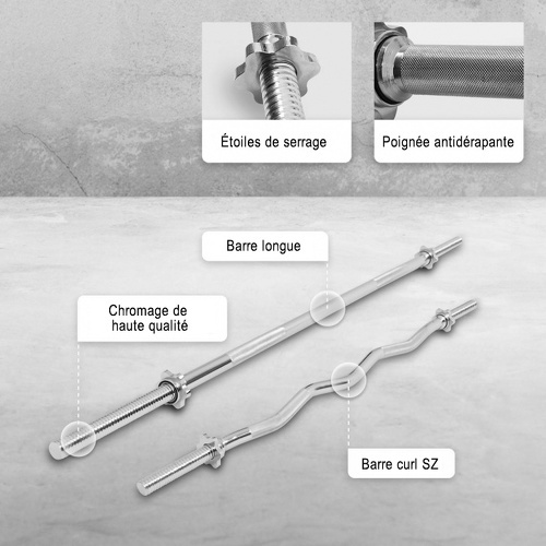 GORILLA SPORTS-Lot Barre longue de 170cm + Barre curl de 120cm, diamètre 30mm avec bague de serrage-3