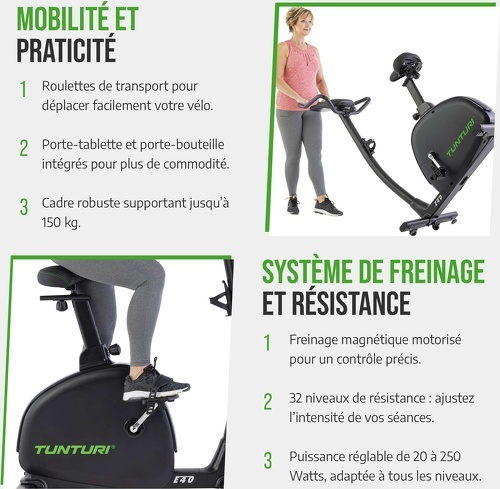 TUNTURI-TUNTURI - Vélo Ergomètre E40 Signature - Système de Freinage Magnétique - 32 Niveaux de Résistance - Moniteur LCD Rétroéclairé - Confort Optimal à Domicile-2